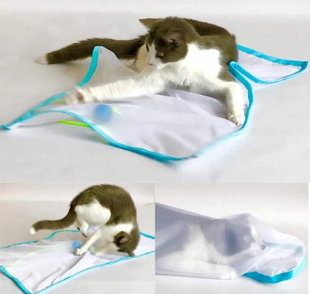 Sheer Fun, Cat Toy, Stimulates Hunting Instincts, Renews Old Toys, Made in USA, Ball, Versatile, Quiet, Crinkle Edges, Cats, Kittens, playmat, Bed, Hide and Seek, Blue & White, 27"x37" - 