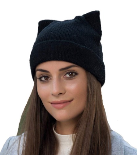 Women Cat Ear Beanie Hat Wool Braided Knit Trendy Winter Warm Cap - Dark Black