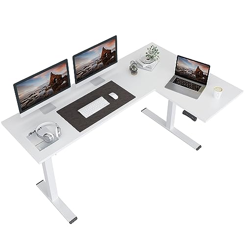 FLEXISPOT Corner Desk Dual Motor L Shaped Computer Electric Standing Sit Stand Up Desk Height Adjustable Home Office Table with Splice Board, 71x48 White - 71x48"Top (2-Legged) - White Frame + White Top