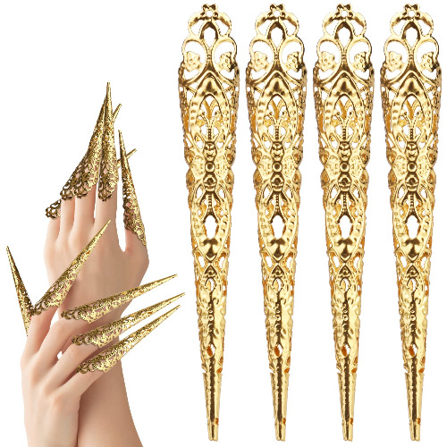 Mwoot 10 Pack Finger Nail Tip Claw Rings, Ancient Queen Costume Fingernail Claw Nail Rings Set, Knuckle Protectors Fingertip Claw for Halloween Cosplay Drama Belly Dance Show -Golden
