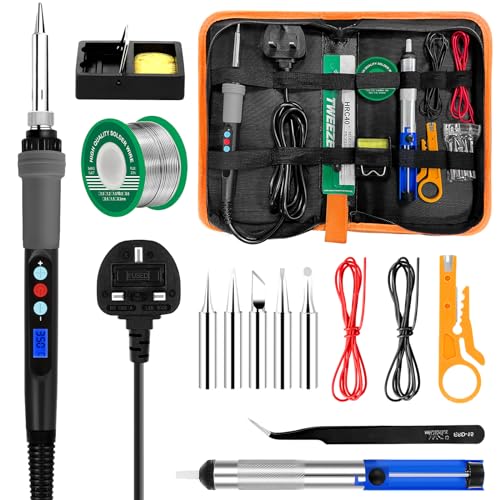 Soldering Iron Kit 90W LCD Adjustable Temperature 180-480°C, 16 in 1 Electric Welding Tools, Solder Wire, 5 Soldering Tips, Desoldering Pump, Wire Stripper Cutter, Stand, Tweezers, Tool Case - 90W Soldering Iron Kit
