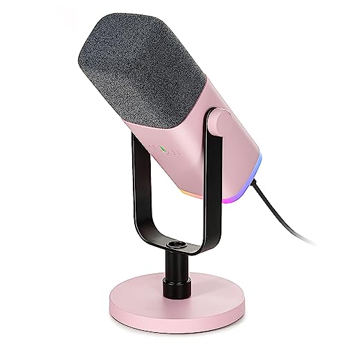 FIFINE Gaming XLR/USB Microphone, Streaming Dynamic PC Microphone for Recording/Podcast/YouTube Video, RGB Mic with Headphones Jack, Gain Knob, Compatible with Computer/Mixer-AmpliGame AM8 Pink - Pink