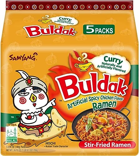 Samyang Buldak Hot Spicy Chicken Ramen Noodle Korean Stir-Fried Ramen, Curry, Pack of 5 - Curry - 5.11 Ounce (Pack of 5)