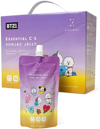 EVERYDAZE BT21 Essential C’s Collagen + Vitamin C Konjac Jelly | Vegan, 10 Calories, 0 Sugar | 10 Packs | Healthy Diet Pouch Drinkable Snack Drink, Weight Management (Korean Pear) - Korean Pear