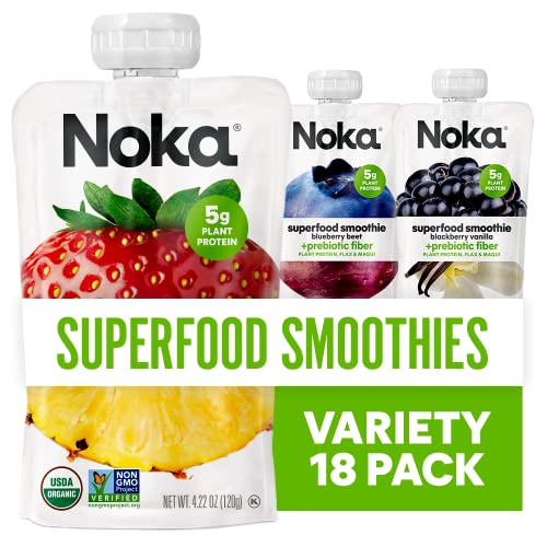 Noka Superfood Fruit Smoothie Pouches, Healthy Snacks Variety Pack, Includes Strawberry Pineapple, Blueberry Beet, Blackberry Vanilla, 6 Count Each Flavor - 4.22 Ounce (Pack of 18)