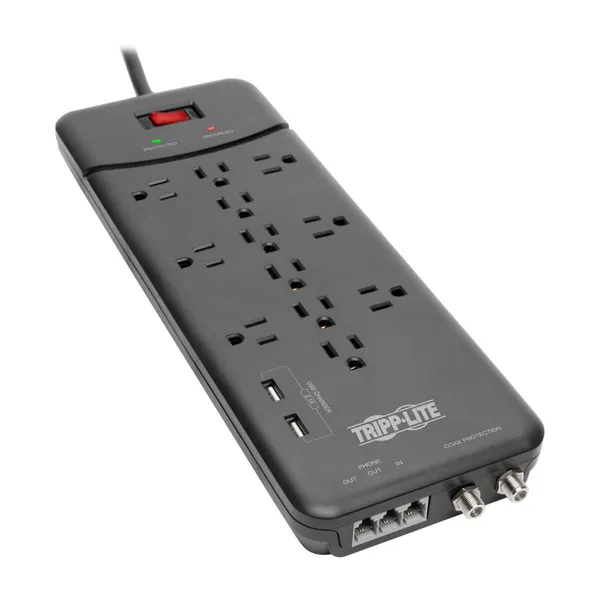 Tripp Lite TLP128TTUSBB 12 Outlet Surge Protector Power Strip, 2 USB Charging Ports, Tel/Modem/Coax Protection, 8ft Cord Right Angle Plug, Black, Lifetime Insurance & $150K Insurance - 12 Outlet + TEL/Modem/Coax + USB Outlet