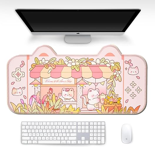 PERFECTSIGHT Cute Cat Desk Mat Kawaii Flower Store Desk Pad, Pink Switch Large Gaming Mouse Pad, Funny Florists Deskmat Mousepad, Anime Laptop Keyboard Pad Office Home Decor for Women Girls, Kitty - Pink