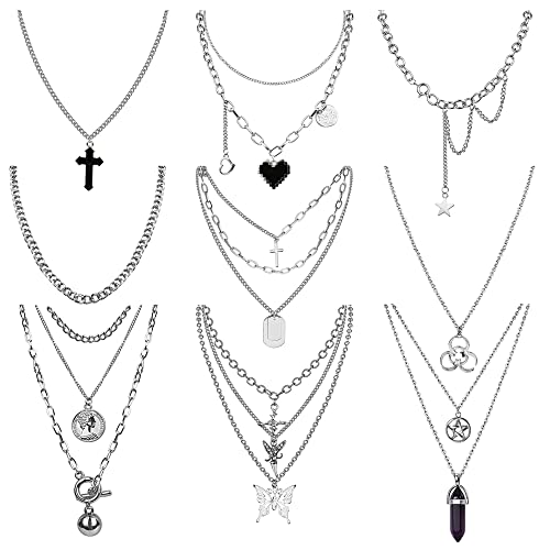 Kakonia 9 Stück Punk Layer Halskette Kette für Damen Heren Silber Cool Y2K Emo Goth Punk Layered Halsketten Schmetterling Herz Schwarz Kristall Anhänger Kette Multilayer Choker