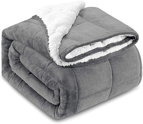 HBlife Sherpa Fleece Weighted Blanket for Adults, Oeko-Tex Certified 10 lbs Thick Fuzzy Bed Blanket, Heavy Reversible Soft Fleece Blanket with Premium Glass Beads 50x60 Inch, Grey - Grey - 50" x 60" 10lbs