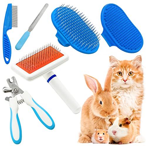 Rabbit Grooming Kit with Slicker Rabbit Brush Bath Massage Glove Brush Pet Shedding Comb Nail Clipper Trimmer 6 Piece Set for Bunny Kitten Guinea Pig Cat Chinchilla Ferret Small Animals - Blue