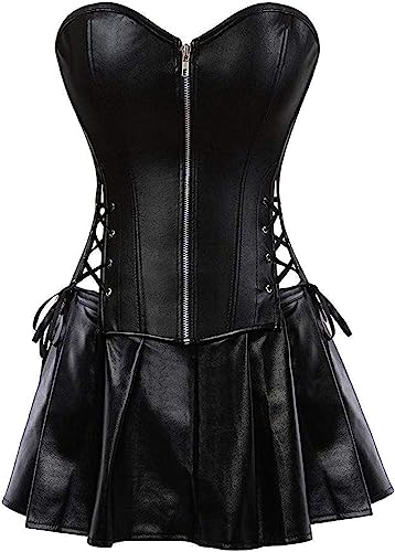 KSHUN Women's Plus Size Leather Steampunk Corset Skirt Set Sexy Punk Rock Gothic Corset Dress - Black - Large