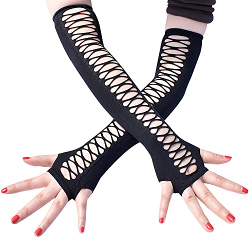 Mrotrida Women's Punk Fingerless Glove Cosplay Ripped Gloves for Halloween Costume Party 1Pair - Black Mid-length Style