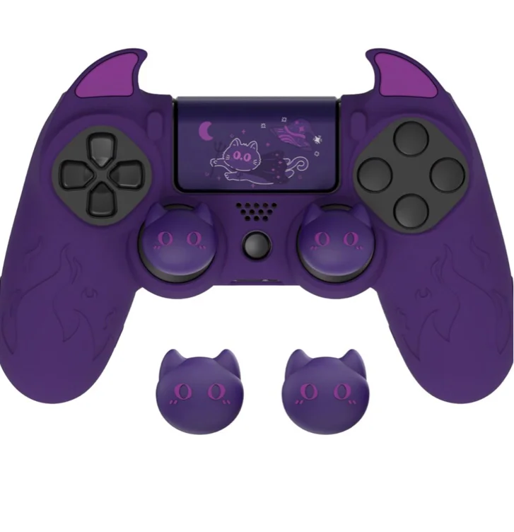 PlayVital Cute Demon Controller Skin for ps4 with Thumb Grips & Stickers, Kawaii Anti-Slip Silicone Controller Cover Grip Protector for ps4 Slim/Pro Controller - Purple - Purple