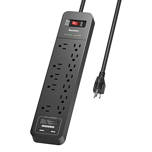 Huntkey Power Bars with Surge Protector, Power Strip with 2-USB Ports 12 Overload Protection Outlets, 6 Feet Heavy Duty Extension Cord for Home Office Hotel (2390 Joules) - 12 AC-2 USB Black