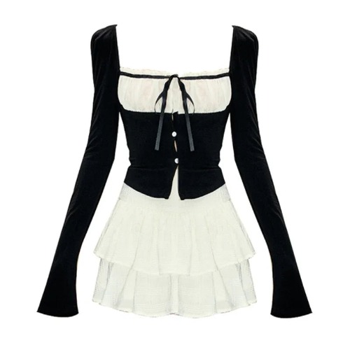 Kawaii Lolita Black Y2K 2 Piece Set - set / Size S(40-45Kg)