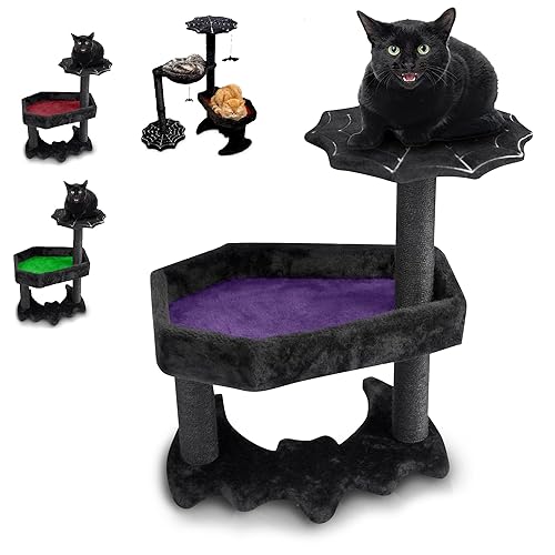 Gothic Cat Tree with Coffin Cat Bed, Gothic Cat Tower, Coffin cat Tree with Sisal Scratching Posts for Halloween cat, Small Size, Black with Purple Littlesy - Small - Black and Purple