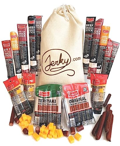 Jerky Gift Basket for Men - 26pc Jerky Variety Pack of Beef, Pork, Turkey, & Ham Snack Sticks - High Protein Healthy Snack - Unique Gift for Men - 26 Piece Gift Bag