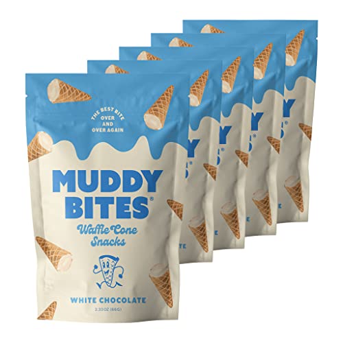 Muddy Bites Waffle Cone Snacks Bite Sized Chocolate Filled Waffle Cones for Snack or Dessert, Ice Cream Topping, Premium Chocolate made with Pure Cane Sugar, Non-GMO, Kosher (White Chocolate, 5 Bags) - White Chocolate - 2.33 Ounce (Pack of 5)