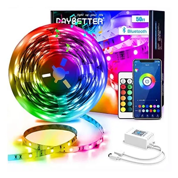 
                            DAYBETTER Led Strip Lights 50ft Smart Light Strips with App Control Remote, 5050 RGB Led Lights for Bedroom, Music Sync Color Changing Lights for Room Party
                        
