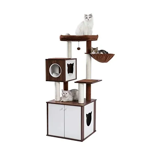
                            PETEPELA 59’’ All-in-One Cat Tree Multifunctional Modern Cat Tower High-Grade Wood Furniture with Cat Washroom Litter Box House, Cat Condo, Top Perch, Large Hammock and Scratching Post(Brown)
                        