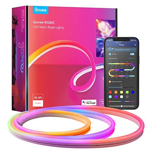 Govee RGBIC Neon Rope Light, 16.4ft LED Strip Lights, Music Sync, DIY Design, Works with Alexa, Google Assistant, Neon Lights for Gaming Room Living Bedroom Wall Halloween Decor (Not Support 5G WiFi) - 16.4ft