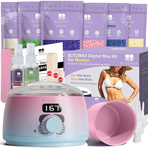 BLITZWAX Waxing Kit Hair Removal Women Digital Hard Wax Warmer Kit Great for Beginners, Ideal for Body, Bikini, Face, Legs, Hot Wax Pot Kit Achieve Salon-Quality Results at Home (Pink-Blue) - Pink-Blue