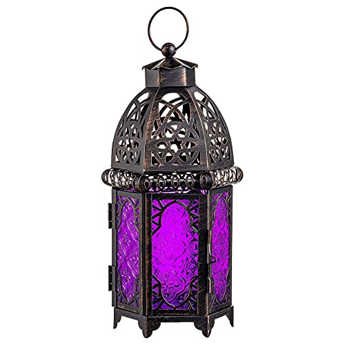 DECORKEY Halloween Lantern Decorative, Purple Candle Lantern for Halloween Light Decor, 12.8 inch Moroccan Hanging Lantern, Metal Tabletop Lantern， Christmas Candle Lantern for Indoor Outdoor - Purple