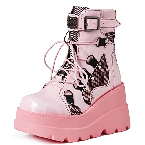 Tscoyuki Platform Ankle Boots for Women Chunky High Heel Booties Goth Round Toe Combat Boots Women Lace Up Motorcycle Wedges - 9.5 - 1-pink
