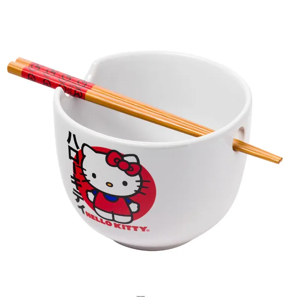 Silver Buffalo Hello Kitty Japanese Logo Ceramic Ramen Noodle Bowl with Chopsticks, 20oz - Hello Kitty Japanese Logo