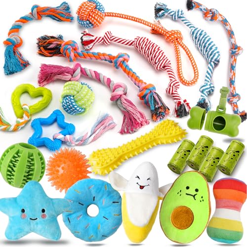 Zeaxuie 23 Pack Luxury Dog Chew Toys for Puppy, Cute Toys with Ropes Puppy Chew Toys, Treat Ball and Squeaky Toys for Teething Small Dogs - A - 23 Pack