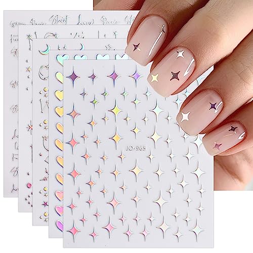 JMEOWIO 12 Sheets Aurora Nail Art Stickers Decals Self-Adhesive Pegatinas Uñas Glitter Holographic Star Heart Nail Supplies Nail Art Design Decoration Accessories