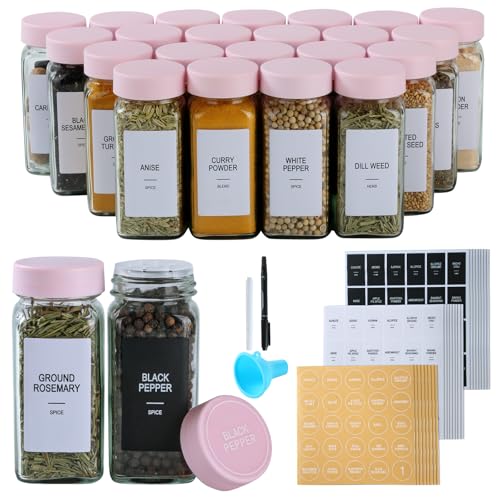 GMAMXD 24 Pcs Glass Spice Jars with Labels,4 oz Seasoning Containers,Spice Containers with Airtight Lids and Shaker Lids,Square Empty Spice Bottles, 492 Labels,2 Marker Pens,1 Funnel - 24