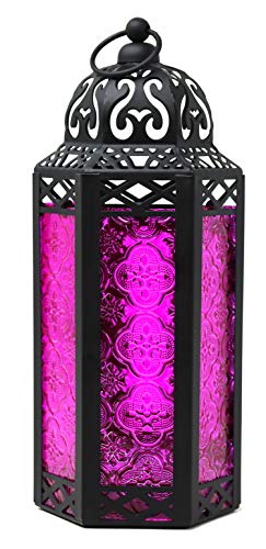 VELA LANTERNS Moroccan Candle Lantern Decorative Candle Holder Lamp for Table or Hanging, Ramadan Decorations, Indoor Home Decor, Outdoor Patio or Porch, Weddings, Black Metal, Pink Glass, Medium - Medium - Pink