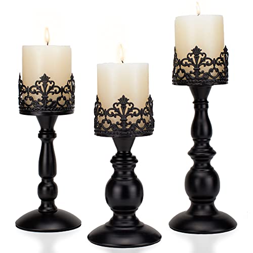 Vintage Pillar Candle Holders for Table Centerpiece Set of 3-11'' 9'' 8'' - Matte Black Metal Candle Stands Decorative - Candle Centerpiece for Table Fireplace Decor - Gothic Candle Holder - Matte Black - 11'' 9'' 8''