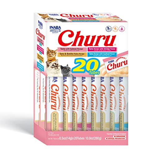 INABA Churu Cat Treats, Grain-Free, Lickable, Squeezable Creamy Purée Cat Treat/Topper with Vitamin E & Taurine, 0.5 Ounces Each Tube, 20 Tubes, Seafood Variety Box - Seafood Variety Box