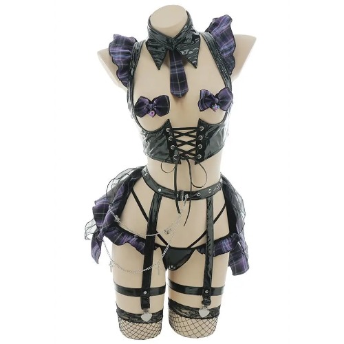 Purple Plaid Latex Vixen Bodysuit for Edgy Alternative Fashion - XL