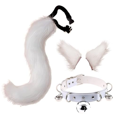 QinRuan Cosplay Costume 3-Pieces Set,Cat Ears and Leather Bell Collar Faux Fur Animal Tail - 1-white