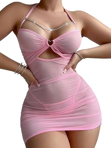 CRIPOM Sexy Lingerie for Women Sheer Lingerie Set Bodycon Mini Lingerie Dress Ruched Party Clubwear Outfits - Light Pink - XX-Large