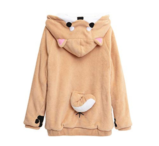 BAIMORE Home Wear Clothes Hoodie Sweatshirt Cute Coral Celvet Long Sleeve with 3D Shiba Inu Dog Ear and Dog Tail - XX-Large - white