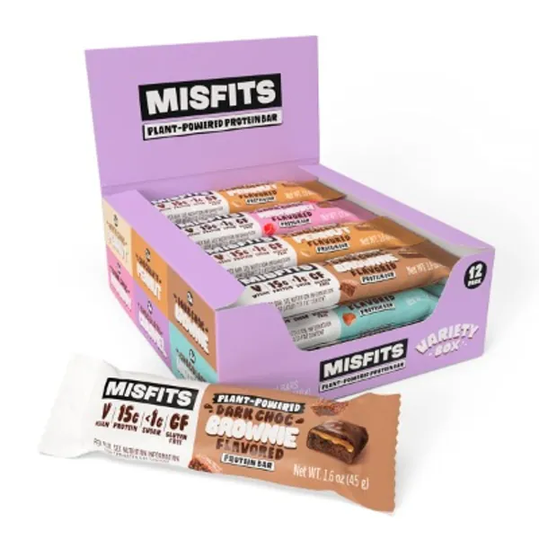 Misfits Vegan Protein Bar, Variety Case (12 x 45g) - 100% Plant Based High Protein, Low Sugar Chocolate Coated Snack - Dairy  Gluten Free