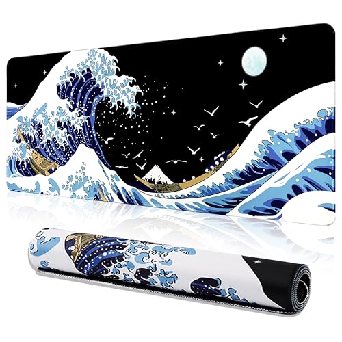 MEWOOCUE Gaming Laptop Mouse Pad,Sea Wave Big Mice Pads PC Keyboard Waterproof and Non-Slip 31.5 x 11.8inches 3mm Thick XL,XXL Rubber Table Mat, Kanagawa Surfing and Black Japanese Mouse Pads - A Kanagawa Surfing - 31.5x11.8"