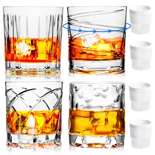 LURRIER Spinning Whiskey Glasses,4x Unique Crystal Old Fashioned Whiskey Glasses with 4 Iceball molds,Rotatable Decompression,10 Ounces,Vintage Whiskey/Scotch/Bourbon Crystal Wine Cocktail Set of 4 - 
