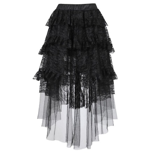 'Behind The Horror' Black Ruffle Pleated Tulle Lace Skirt - black / 6XL / China