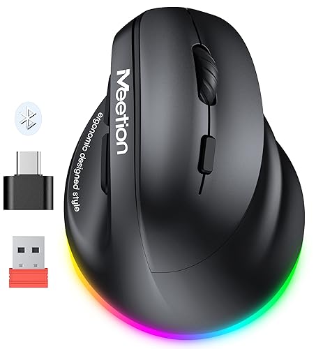 MEETION Ergonomic Mouse, Wireless Vertical Mouse RGB Backlit Rechargeable Mice for Bluetooth(5.2 + 3.0) & USB-A with USB-C Adapter 4 Adjustable DPI for Mac/Windows/Andriod/PC/Tablet/iPad Black - Right-Handed - Black