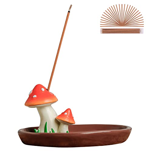 Cute Mushroom Incense Holder with 30 Incense Sticks, Handmade Incense Stick Burner, Nature Theme Incense Tray, Adorable Home Decoration Accessories(Brown) - Brown