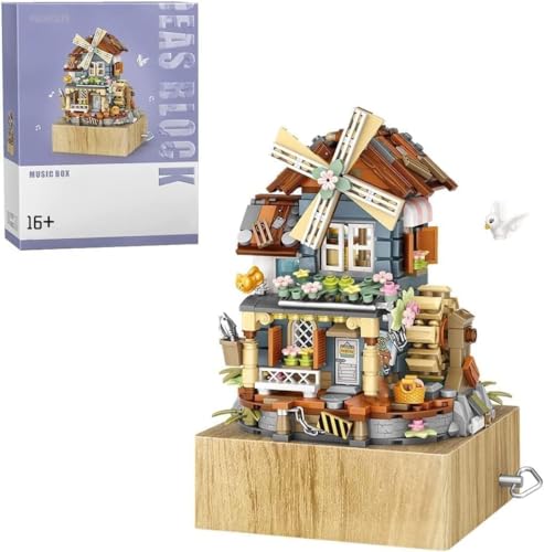 FULHOLPE Street View Windmill Music Box Bricks Model Set, 799Pcs DIY Building Block Assembly Mini Particle Construction Toy