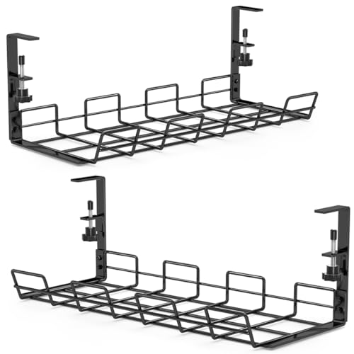 Under Desk Cable Management Trays, 2 Pack 15.7'' No Drill Alloy Steel Under Desk Cable Organizers, Wire Management Tray Cable Management Rack, Desk Cable Tray Wire Organizer Desk Cord Organizer - 2 Pcs - Black