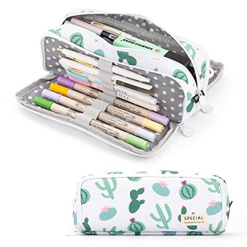 ANGOOBABY Large Pencil Case Big Capacity 3 Compartments Canvas Pencil Pouch for Teen Boys Girls School Students (Green Cactus) - Green Cactus