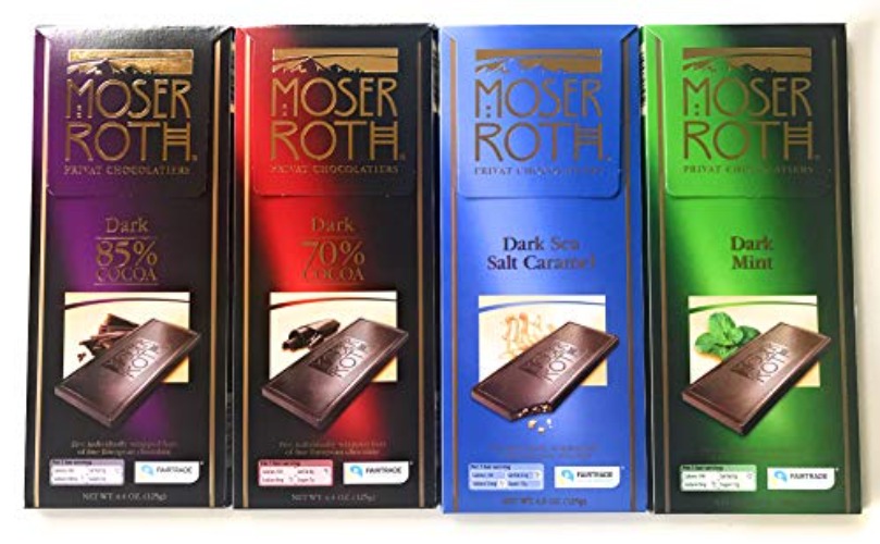 German Dark Chocolate Bundle of Four Varieties. Moser Roth 85%, 70%, Dark Sea Salt and Caramel and Dark Mint. Fresh Import from Germany