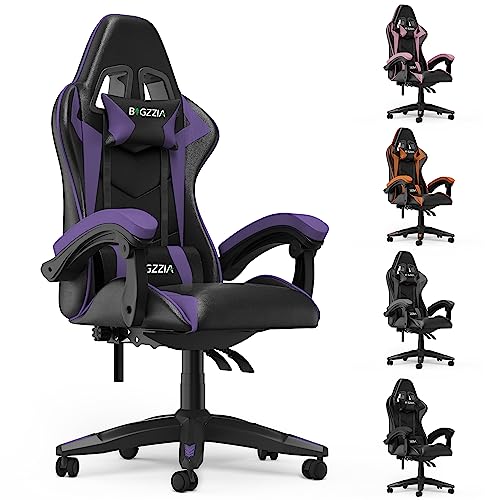 Bigzzia Gaming Chair Office Chair, Reclining High Back PU Leather Computer Desk Chair with Headrest and Lumbar Support, Adjustable Swivel Rolling Video Game Chairs Ergonomic Racing Chair, Purple - Purple